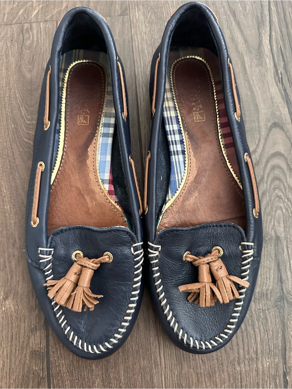 Sperry Navy Leather Tassel Moccasins with Tan Accents